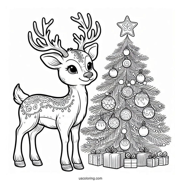 Adult Reindeer Next To Christmas Tree