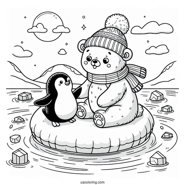 Young Bear And Penguin Floating On An Ice In The North Pole Coloring Page