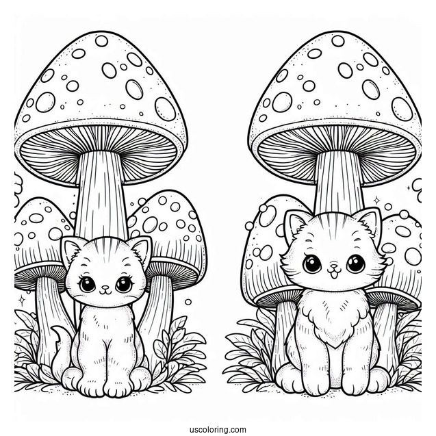 Kittens Sitting On Tall Mushroom Coloring Page