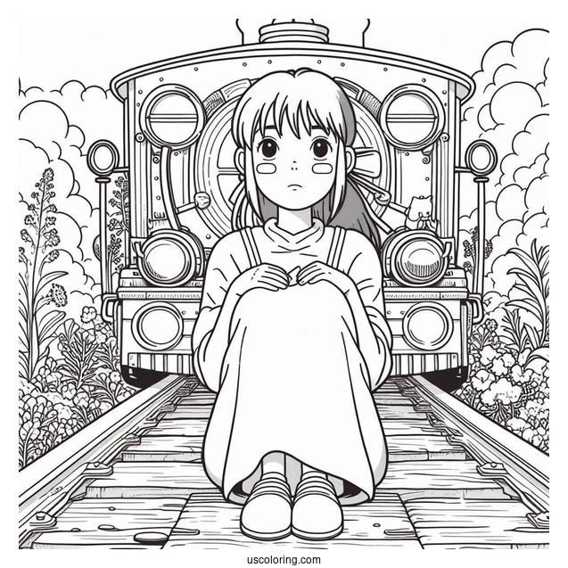 Studio Ghibli Coloring Page of Spirited Away Chihiro Riding Train With No Face And Bo