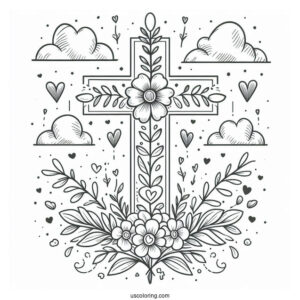 Floral Cross Coloring Page With Clouds In The Sky And Love Hearts