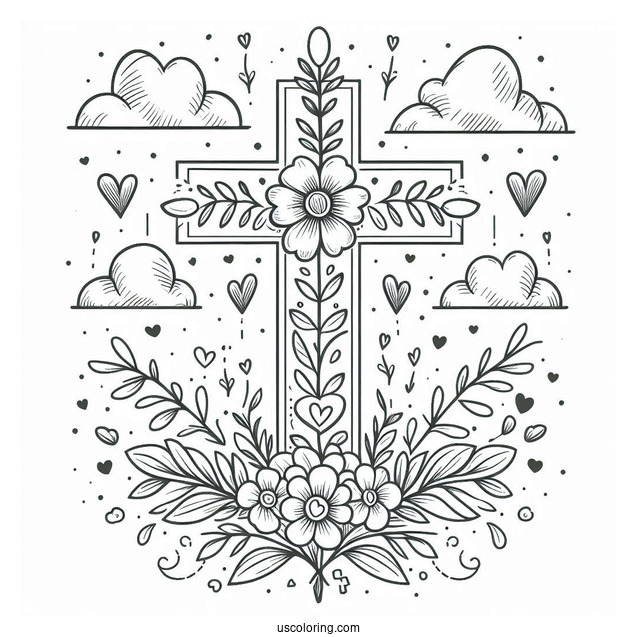 Floral Cross Coloring Page With Clouds In The Sky And Love Hearts
