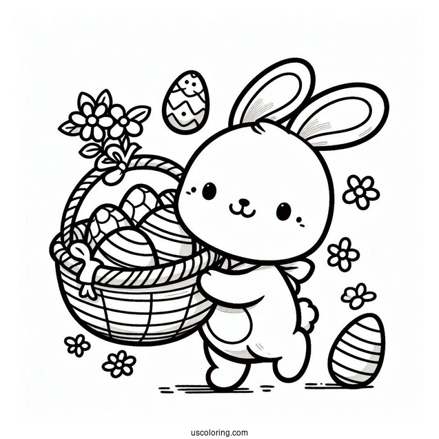 Easter Bunny Coloring Page Cartoon Carrying Basket Of Eggs