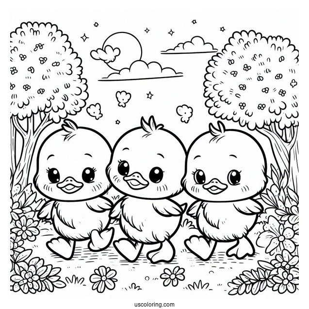 Three Little Ducklings In The Forest Coloring Sheet For Kids