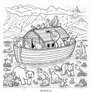 Noah's Ark Coloring Page Of Animals On The Ark During The Flood
