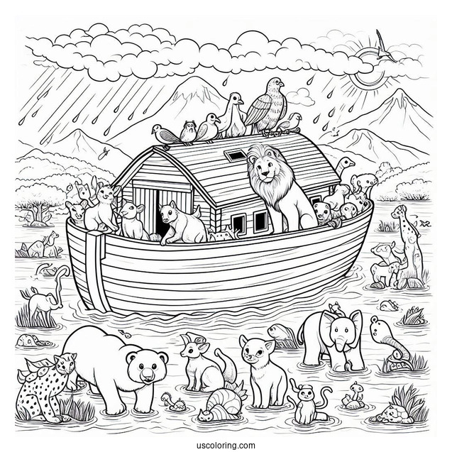 Noah's Ark Coloring Page Of Animals On The Ark During The Flood