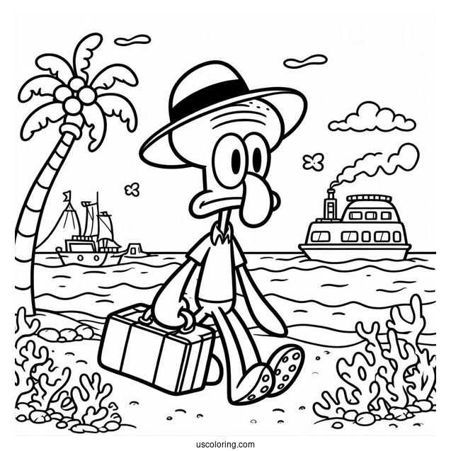 Simple Squidward Coloring Page Going On Vacation