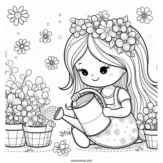 Cute Girl Watering Spring Coloring Page Flowers For Preschoolers