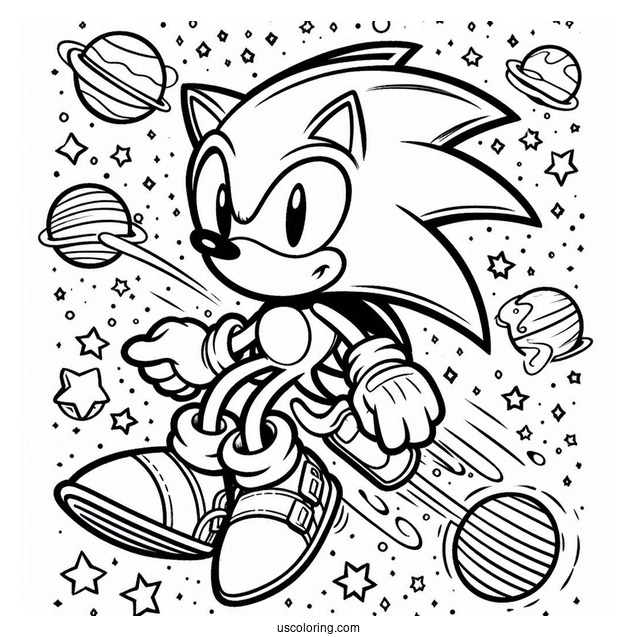 Super Sonic Coloring Page With Sonic In Outer Space