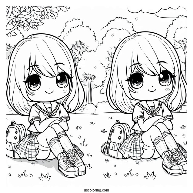 Kawaii School Girl Sitting In A Park Coloring Page