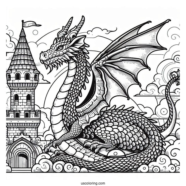 Dragon With Large Scales Wrapped Around Castle Tower