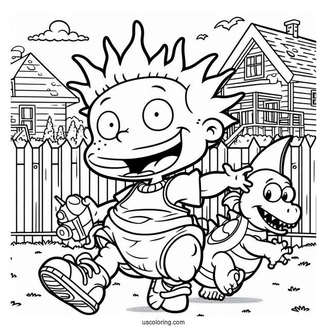 Rugrats Coloring Page Of Spike Running In Backyard With Toy Reptar