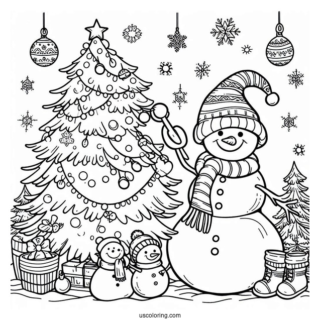 Coloring Page a Snowman Decorating a Christmas Tree