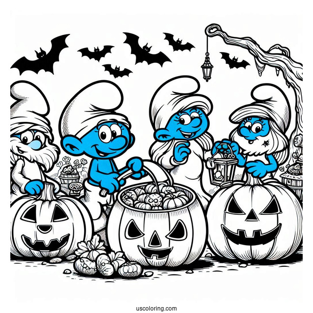 Detailed Halloween Smurfs Coloring Page