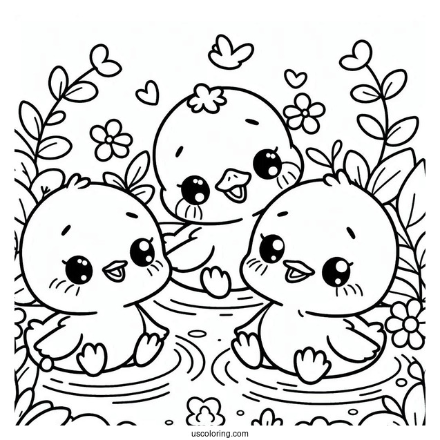 Kawaii Ducklings Playing In A Pond Coloring Page For Preschoolers