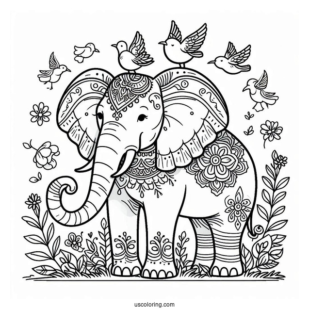 Majestic Elephant With Birds On Head Coloring Page
