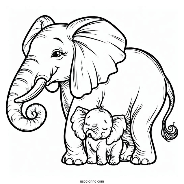 New Born Elephant With Mom Coloring Page