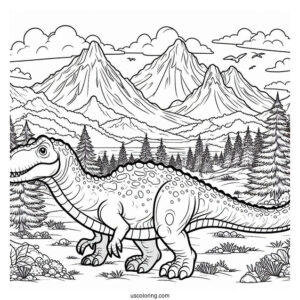 Dinosaur Coloring Page Of Mapusaurus In Mountain Landscape