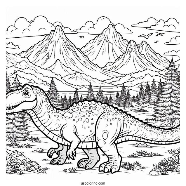 Dinosaur Coloring Page Of Mapusaurus In Mountain Landscape