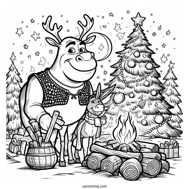 Christmas Themed Shrek And Donkey Coloring Page