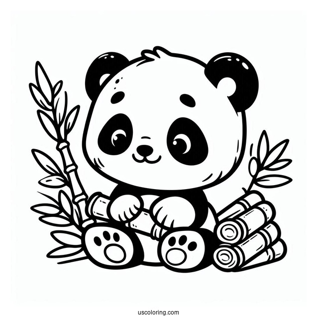 Cute Outline Of Panda With Bamboo