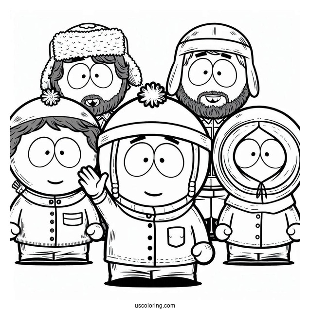 Eric, Kyle, Stan, And Kenny Waving South Park Coloring Page