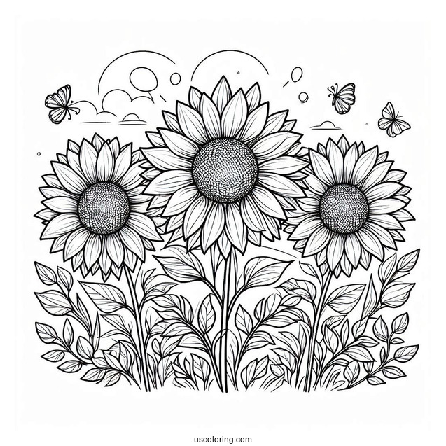 Flower Coloring Pages Of Sunflowers In A Field Under The Sun