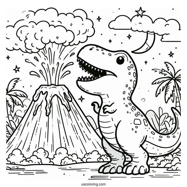 Cartoon T-Rex With Volcano Coloring Page