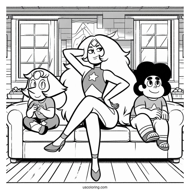 Steven Universe Coloring Page Of Posing On Couch With Amethyst, Pearl, And Garnet