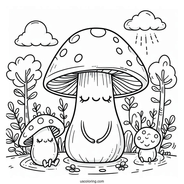 Big And Small Cartoon Mushroom Coloring Page In The Garden For Kids