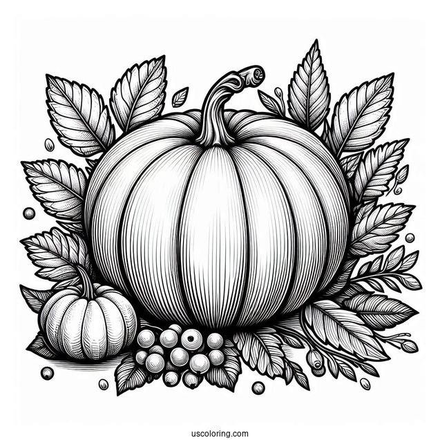 Full Page Realistic Pumpkin Coloring Page With Leaves