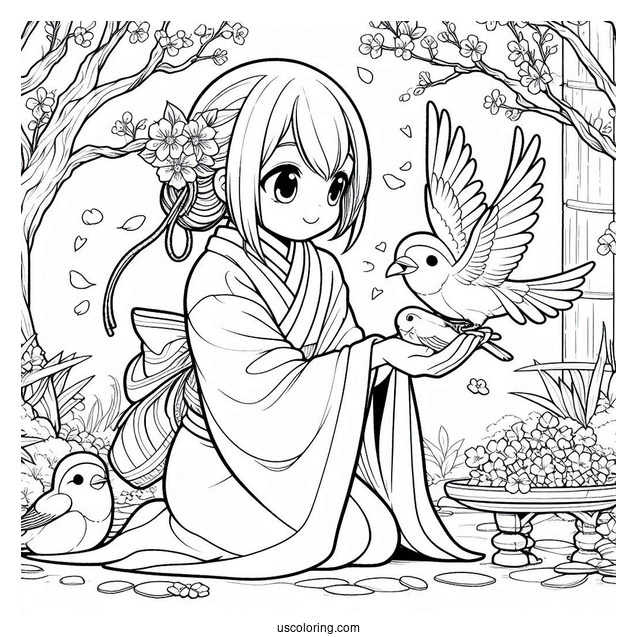Nezuko Coloring Page Caring For Bird In Japanese Garden