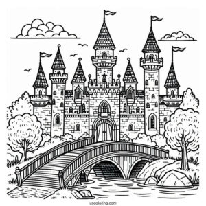 Castle Coloring Page With Bridge Over A River