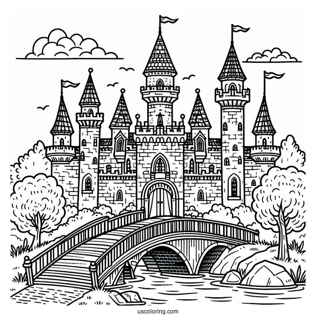 Castle Coloring Page With Bridge Over A River