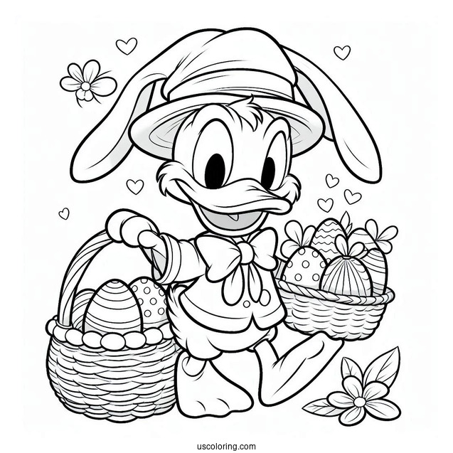 Easter Coloring Page Of Donald Duck As Easter Bunny Carrying Basket Of Eggs