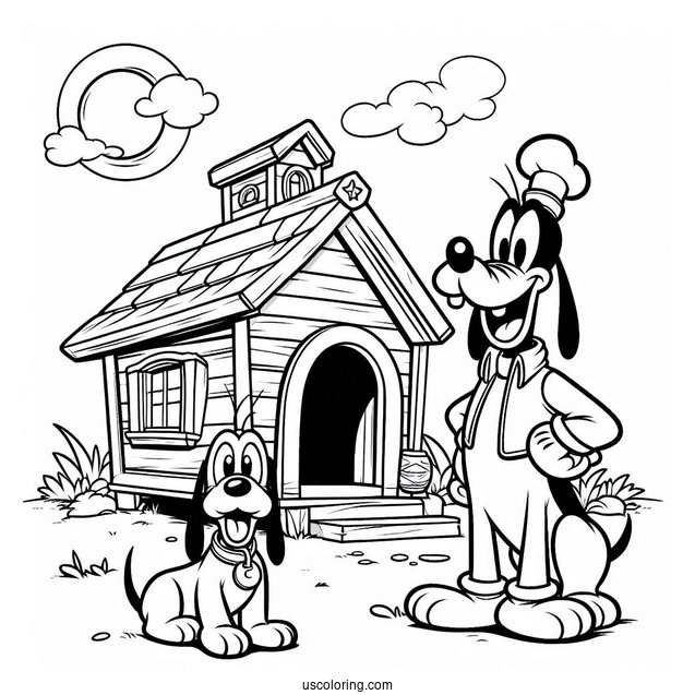 Confuse Goofy Standing Outside Dog House With Pluto Coloring Page