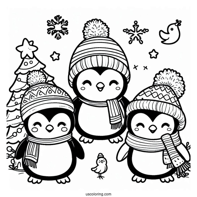 Cute Christmas Inspired Penguin To Color