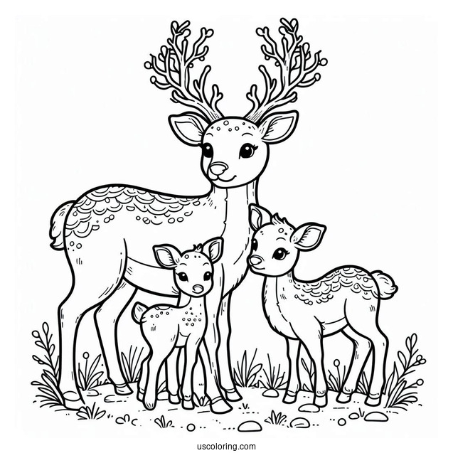 Mom Reindeer With Two Babies To Color
