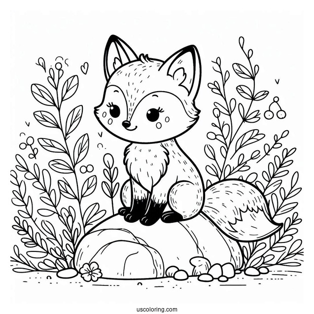 Content Little Fox Coloring Page Sitting On A Rock