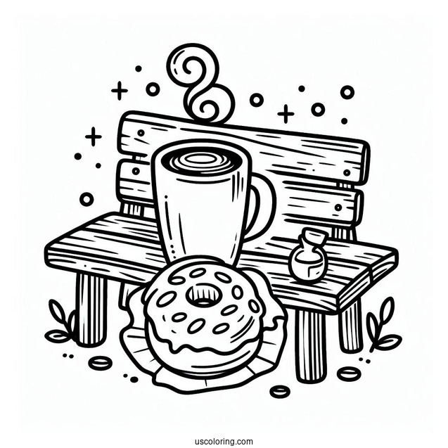 A Mug Of Coffee Sitting With A Donut Coloring Page On A Bench