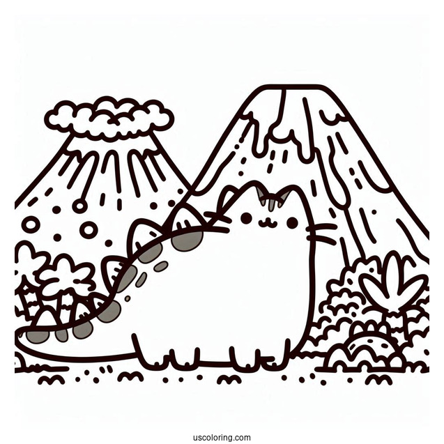 Dinosaur Pusheen Next To Volcano To Color