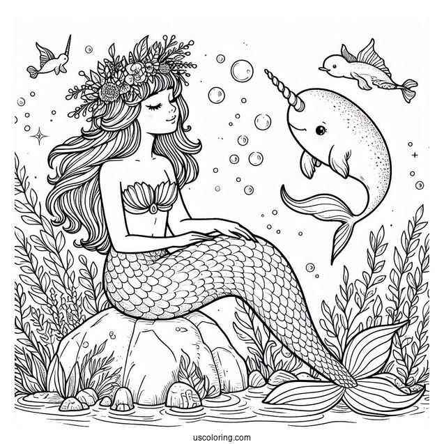 Mermaid Sitting On A Rock With Narwhal Coloring Page Underwater
