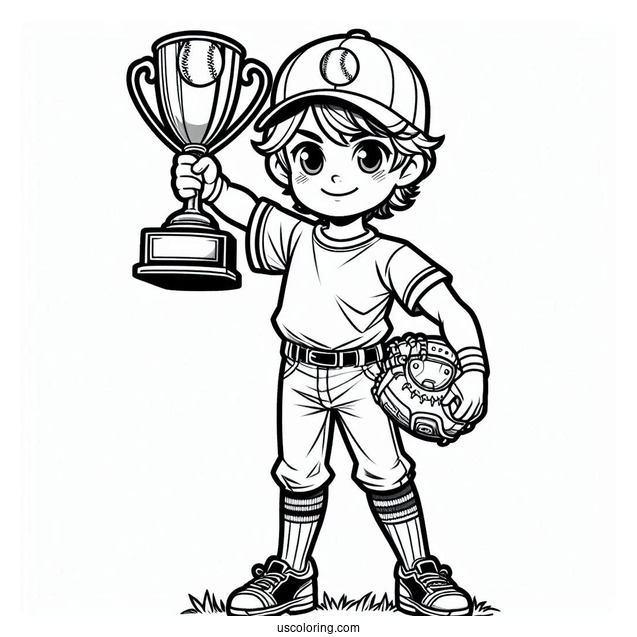Young Baseball Coloring Page Of Champion Holding Trophy For Kids