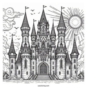 Massive Detailed Castle Coloring Page With The Sun In Background