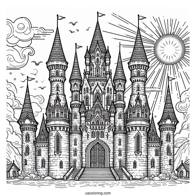 Massive Detailed Castle Coloring Page With The Sun In Background