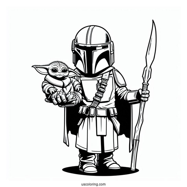 The Mandalorian Holding Baby Yoda To Color