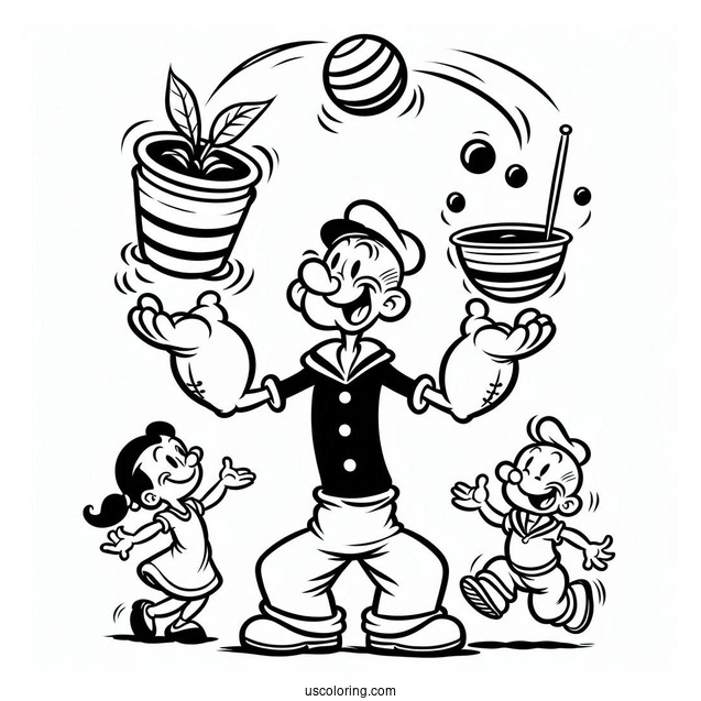 Popeye Coloring Page Juggling Eugene, Olive Oyl, And Swee Pea