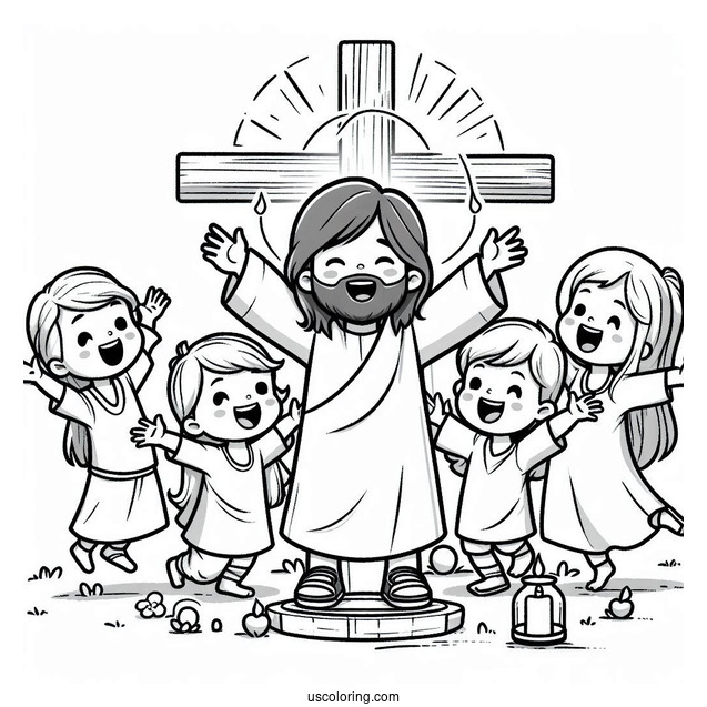 Cute Children Rejoicing Around Jesus Coloring Page