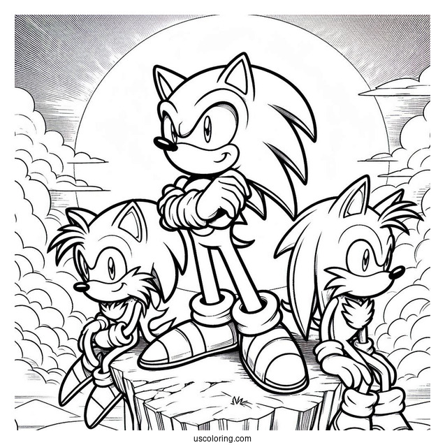 Detailed Sonic,, Knuckles, And Tails Coloring Page Standing On Cliff