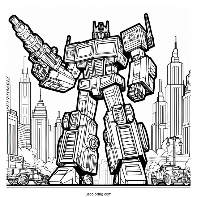 Simple Optimus Prime Coloring Page Outline With Ion Blaster In City